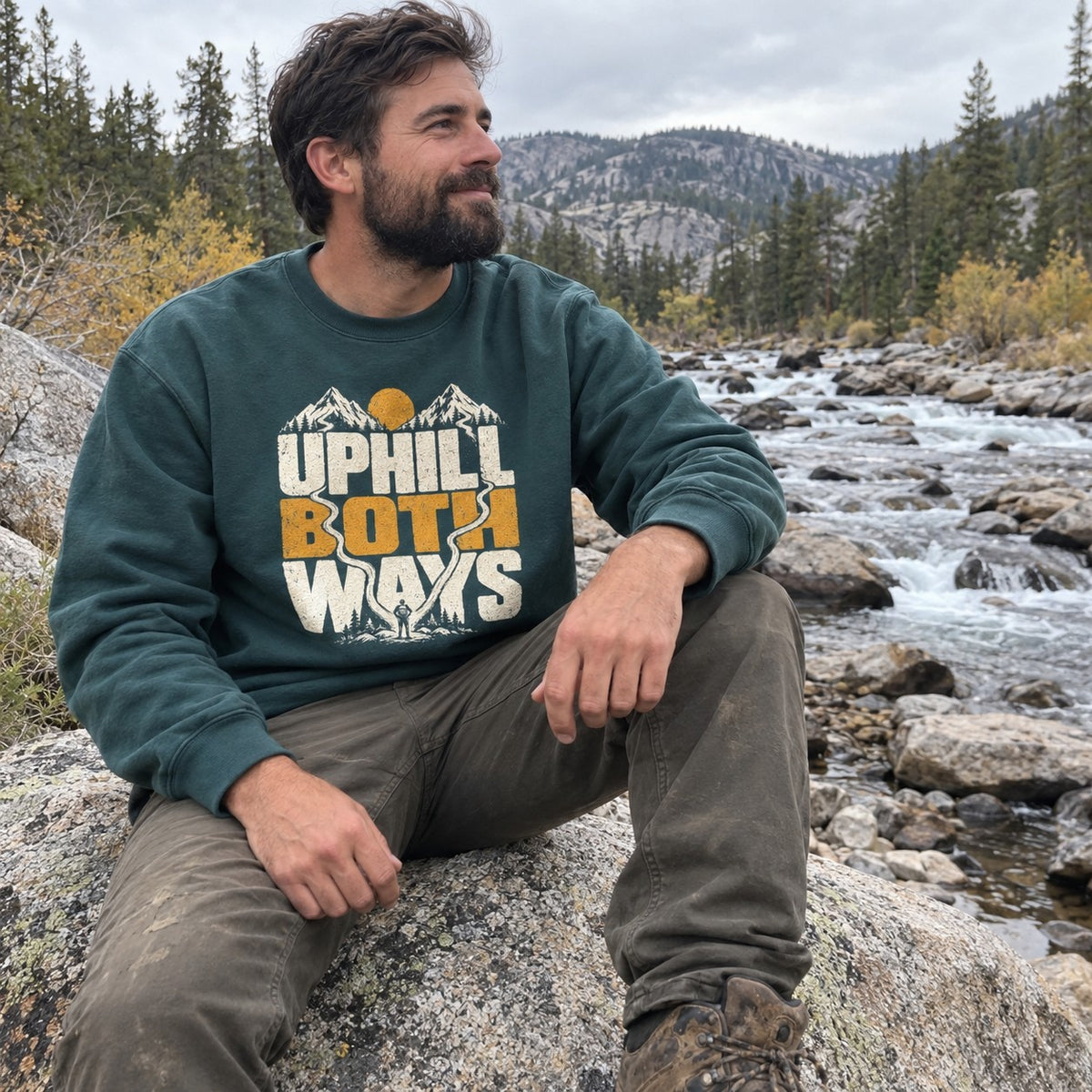 Uphill Both Ways Sweatshirt worn outdoors