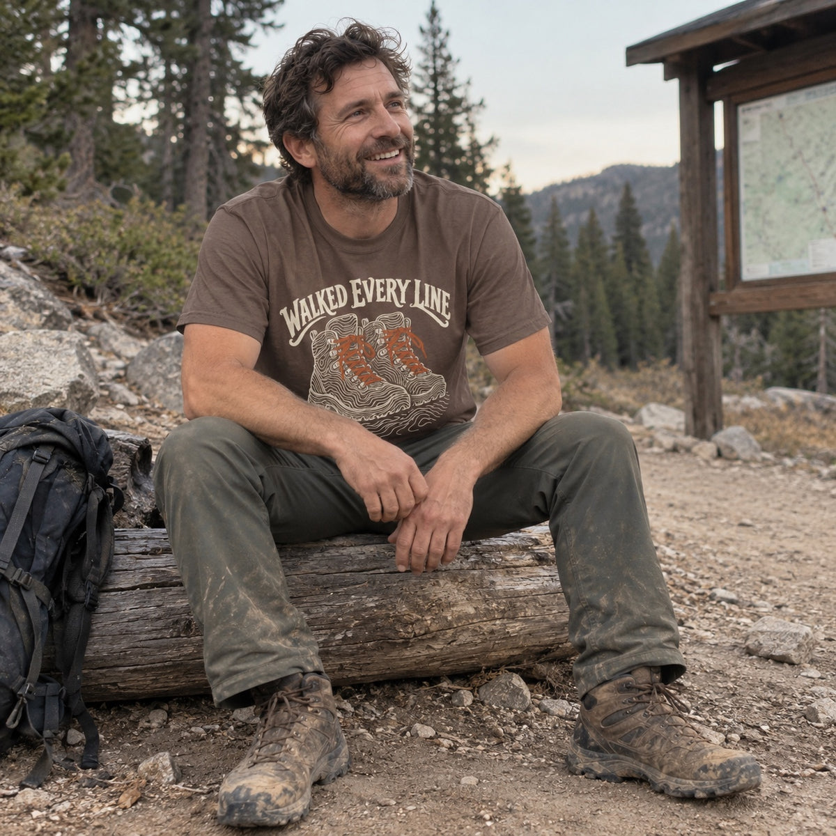 Man wearing the Walked Every Line T-shirt outdoors