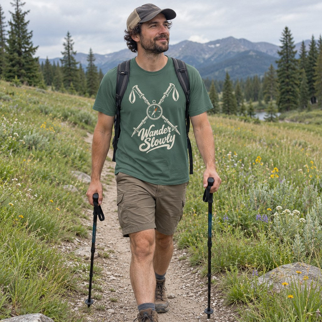 Man wearing the Wander Slowly T-Shirt on a meadow trail