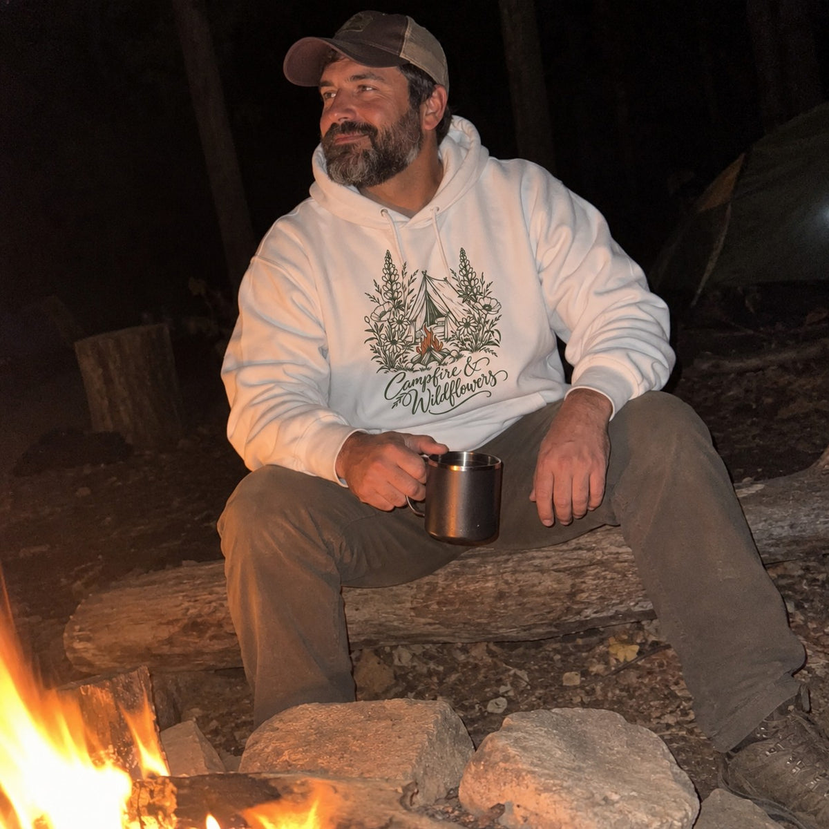 Campfire & Wildflowers Hoodie - worn outdoors