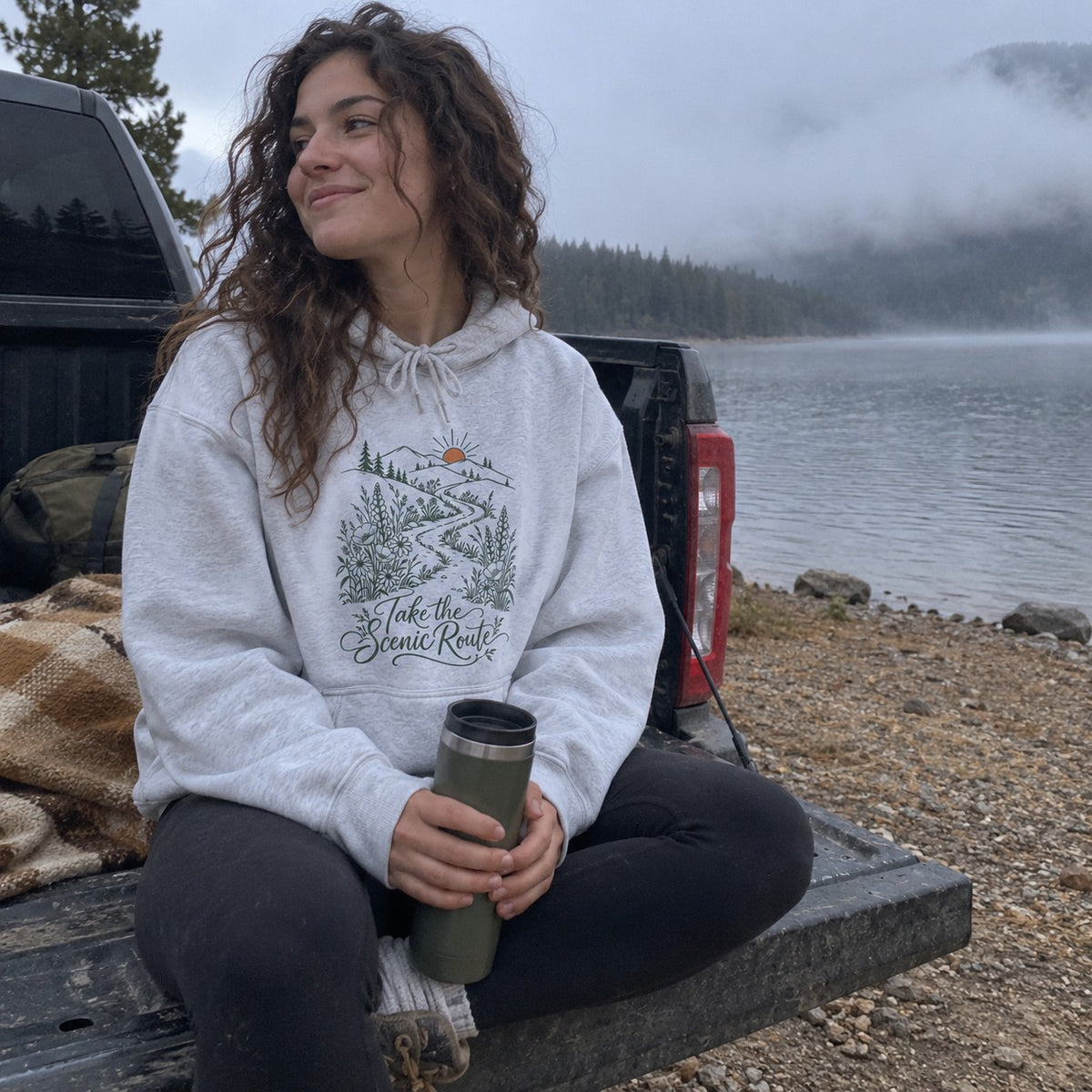Take the Scenic Route Hoodie - worn outdoors