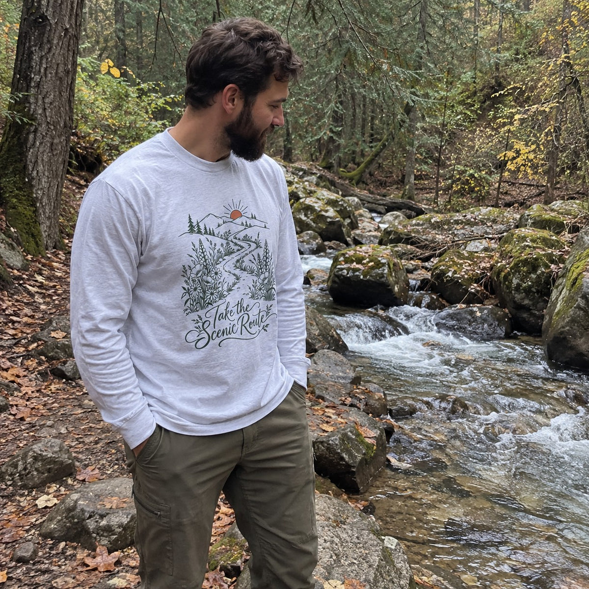 Take the Scenic Route Long Sleeve Shirt - worn outdoors
