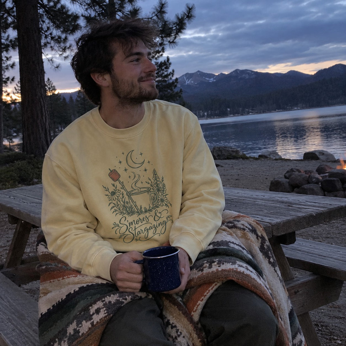S'mores & Stargazing Sweatshirt - worn outdoors