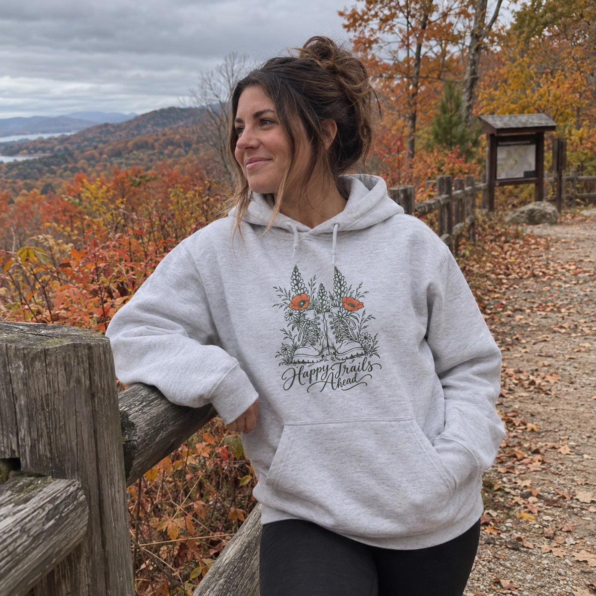 Happy Trails Ahead Hoodie - worn outdoors