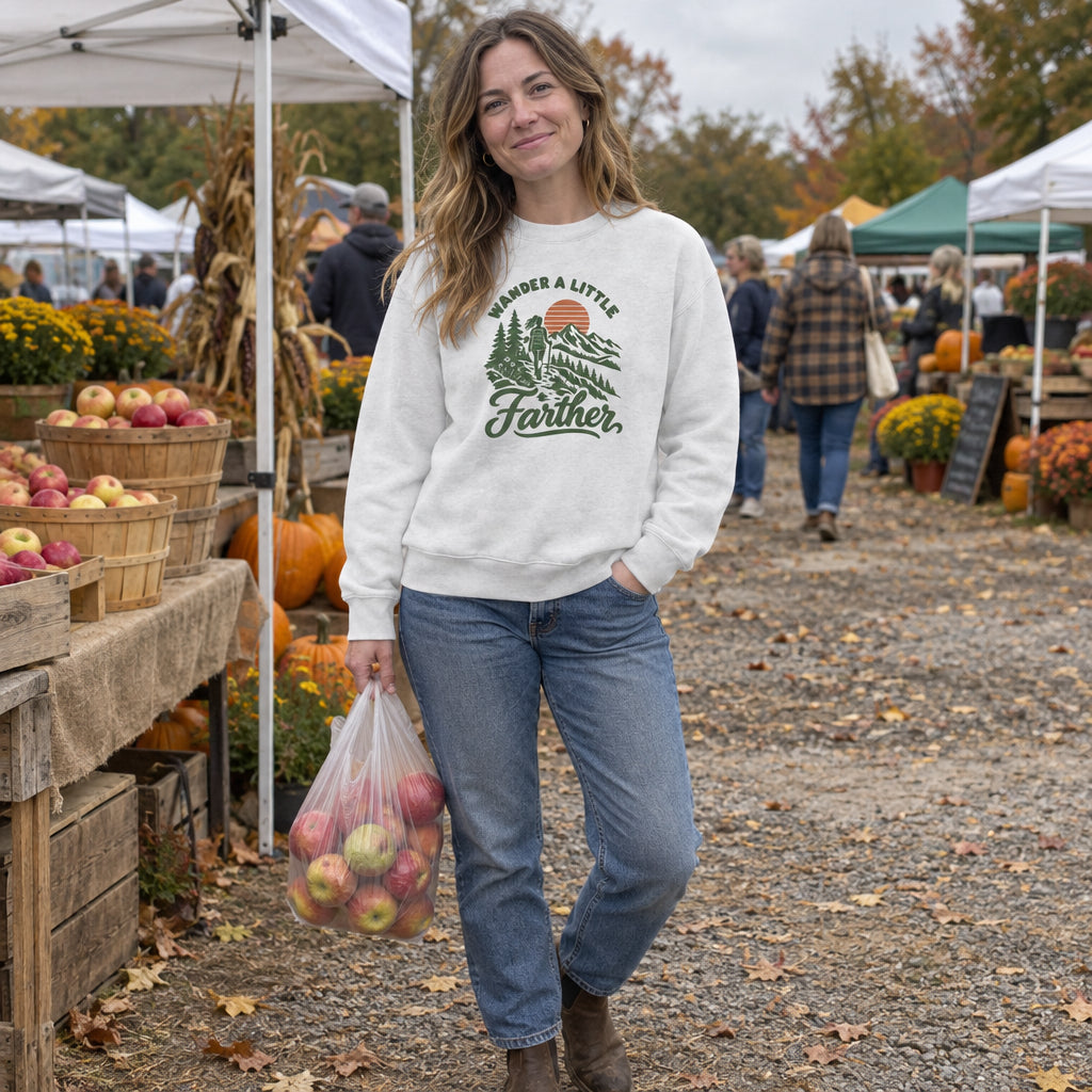 Woman wearing the Wander a Little Farther Sweatshirt at a fall farmers market with a bag of apples