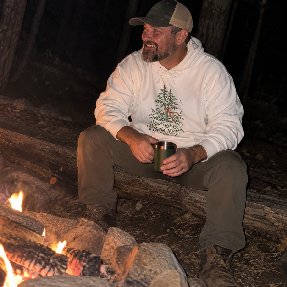 Pine Trees & Pretty Things Hoodie - worn outdoors