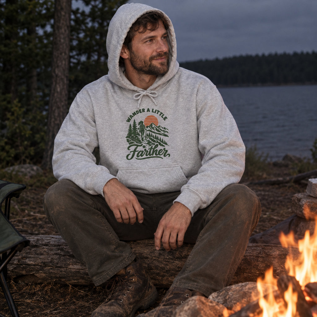 Man wearing the Wander a Little Farther Hoodie by a campfire at night