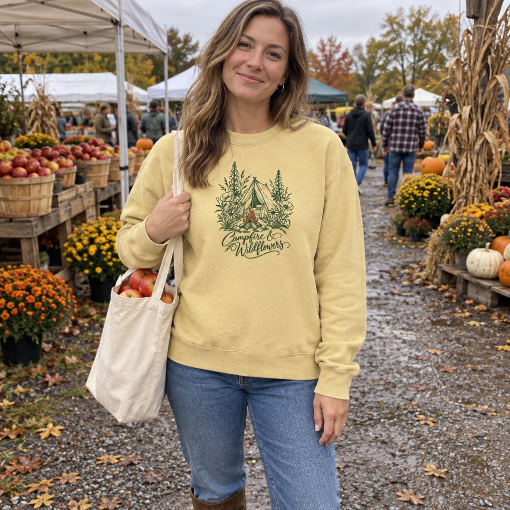Woman wearing the Campfire & Wildflowers Sweatshirt at a fall farmers market with a bag of apples
