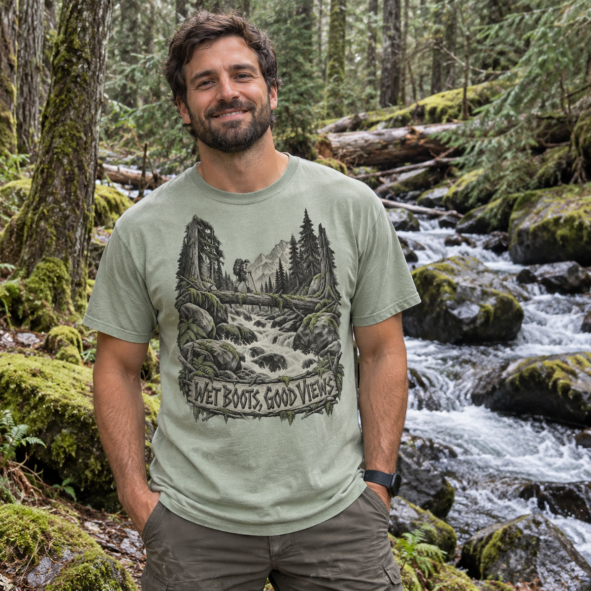 Hiker wearing the Wet Boots Good Views T-Shirt
