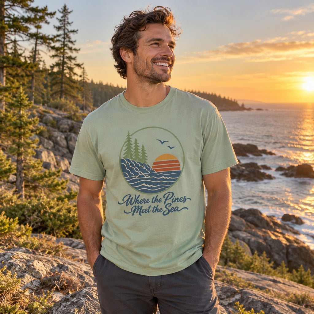 Where the Pines Meet the Sea T-Shirt worn outdoors