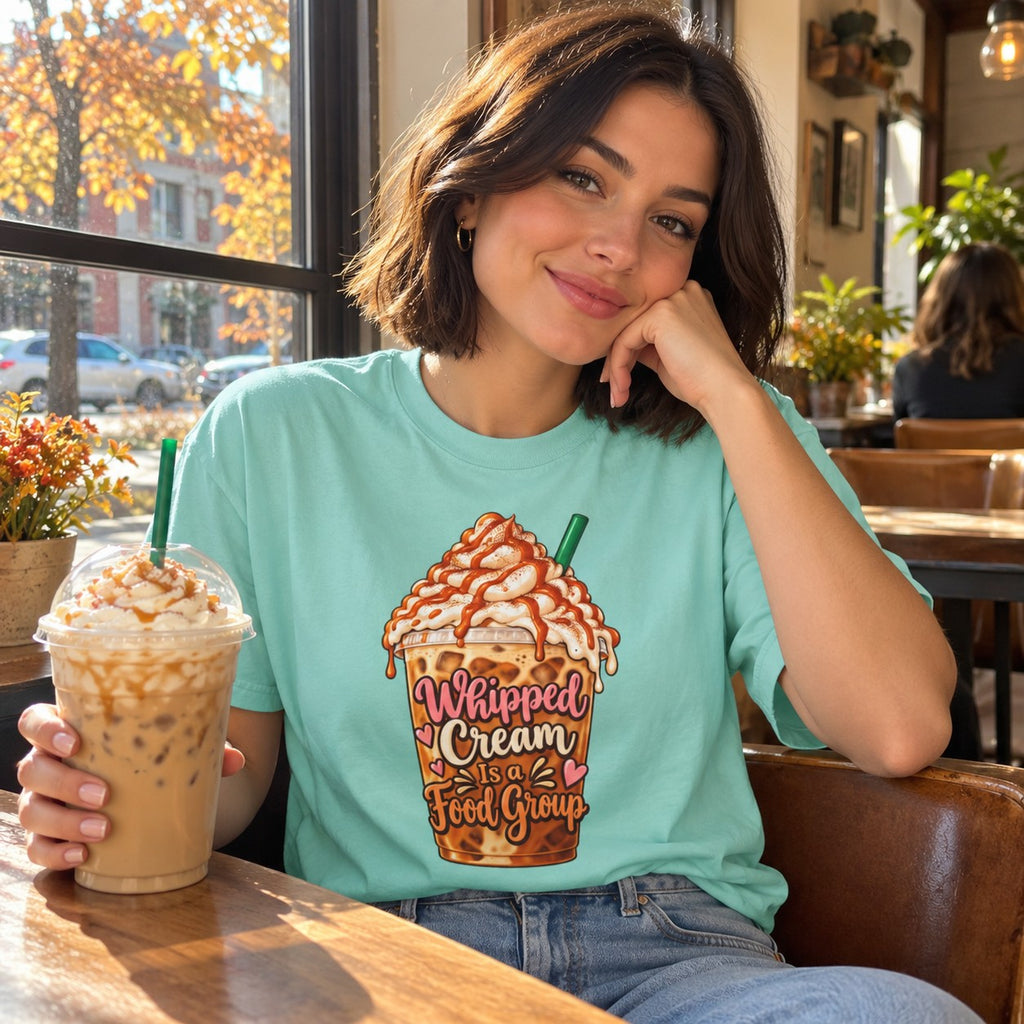 Woman wearing the Whipped Cream Is a Food Group T-shirt