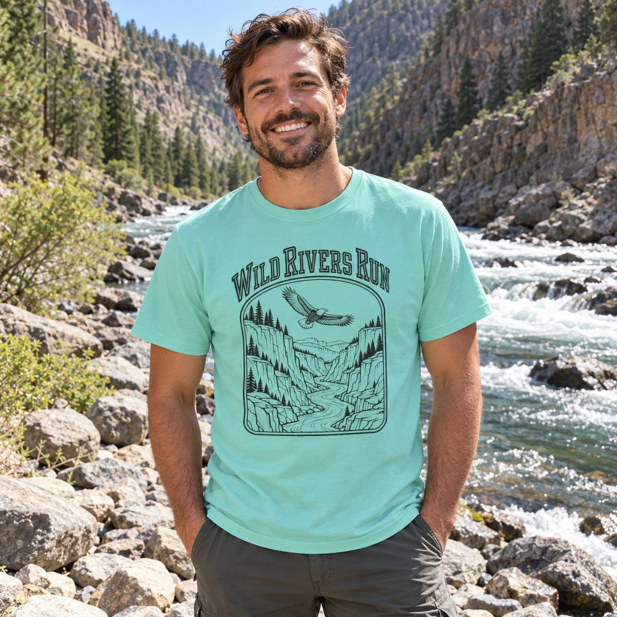 Wild Rivers Run T-Shirt worn outdoors