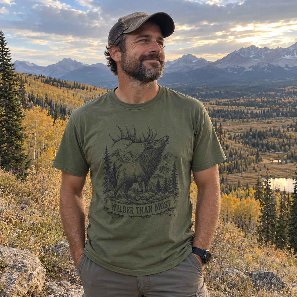 Wilder Than Most T-Shirt worn at a mountain overlook