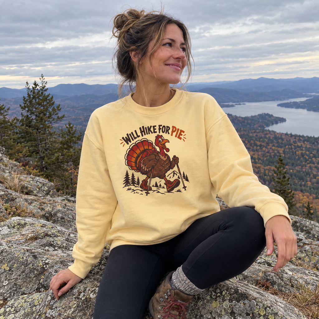 Woman wearing the Will Hike for Pie Sweatshirt at a mountain overlook
