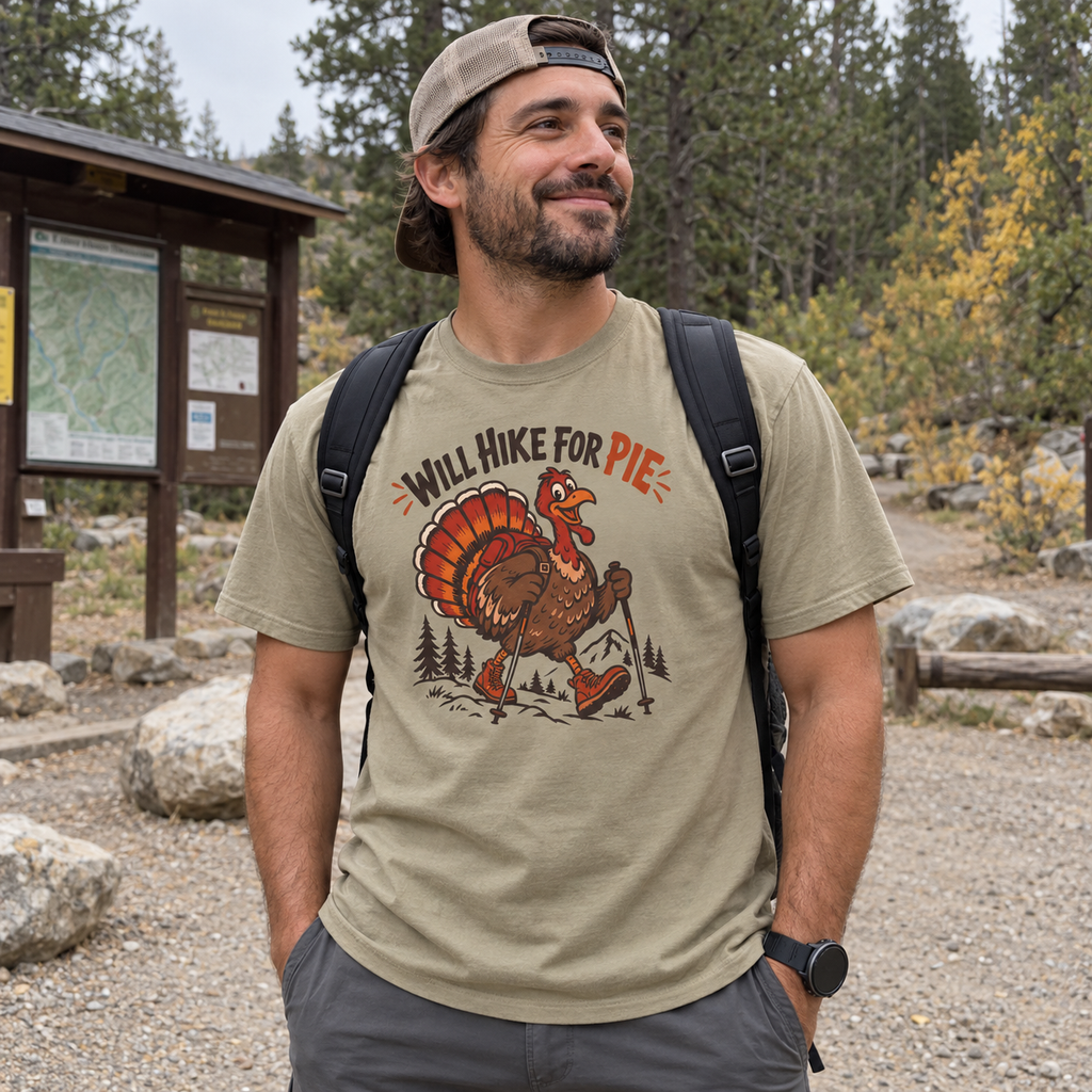 Man wearing the Will Hike for Pie T-Shirt at a forest trailhead