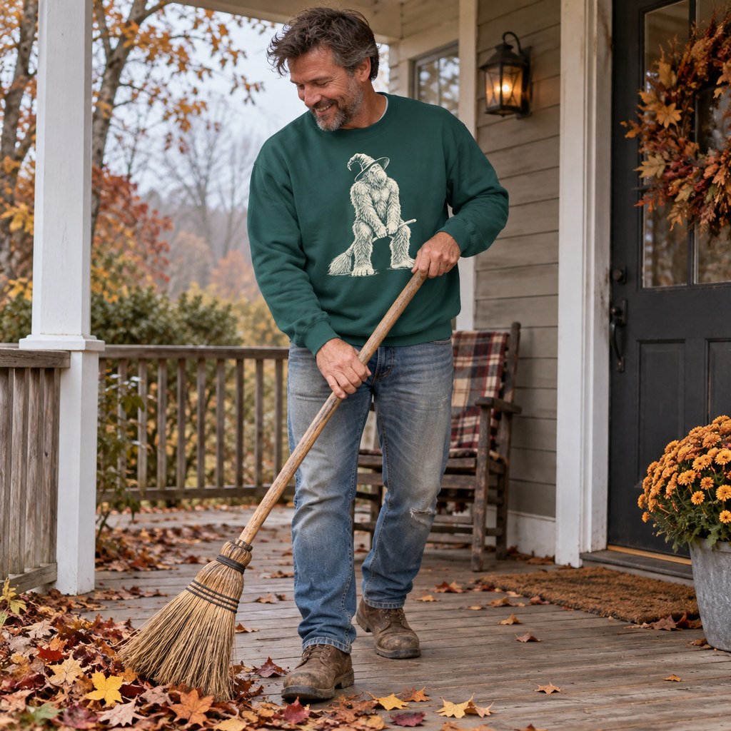 Person wearing the Bigfoot Witch Broom Sweatshirt