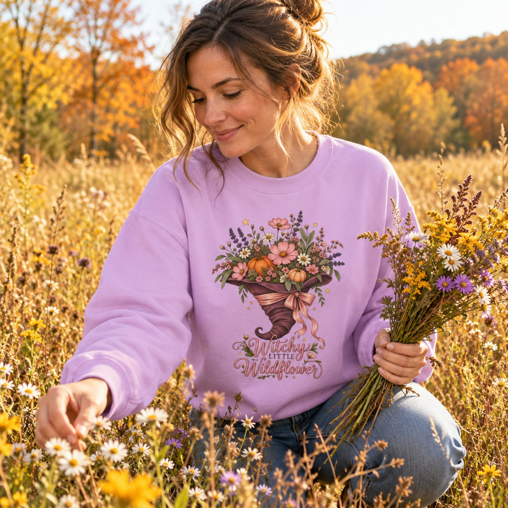 Witchy Little Wildflower Sweatshirt worn in a casual fall photo