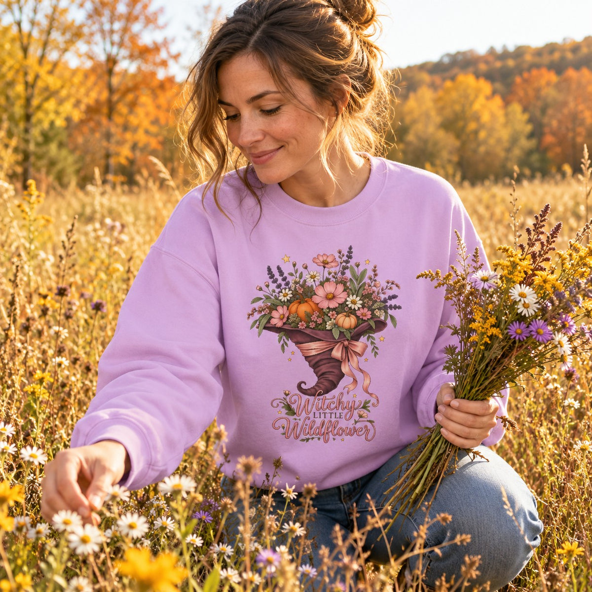 Witchy Little Wildflower Sweatshirt worn in a casual fall photo