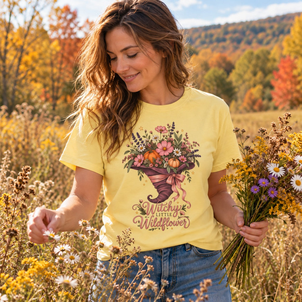 Witchy Little Wildflower T-Shirt worn in a casual fall photo