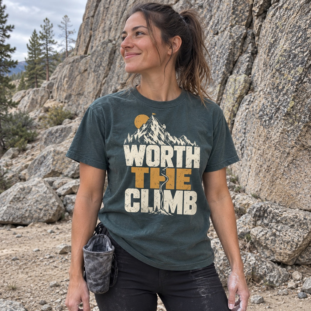 Woman wearing the Worth the Climb Summit Flag T-Shirt at a granite climbing crag