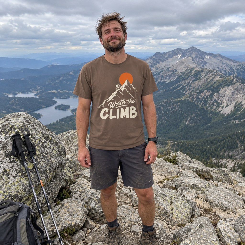 Man wearing the Worth the Climb T-Shirt on a rocky summit