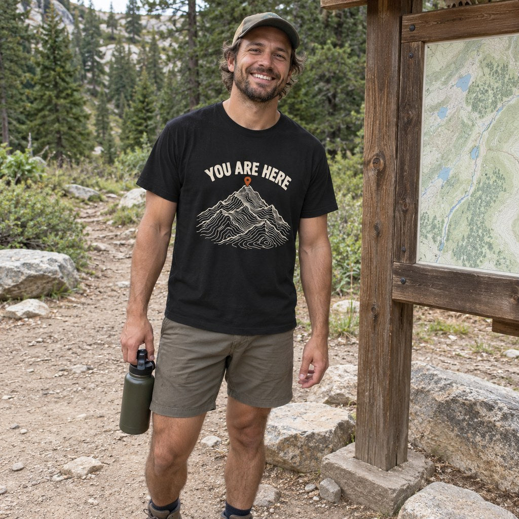 Man wearing the You Are Here T-Shirt at a trailhead map